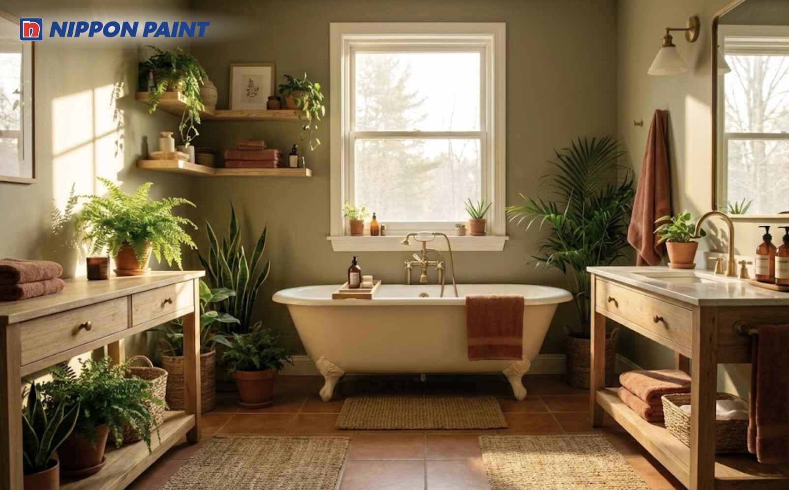 Chọn màu sơn trung tính pha xanh giúp phòng tắm Bính Thân luôn ổn định năng lượng