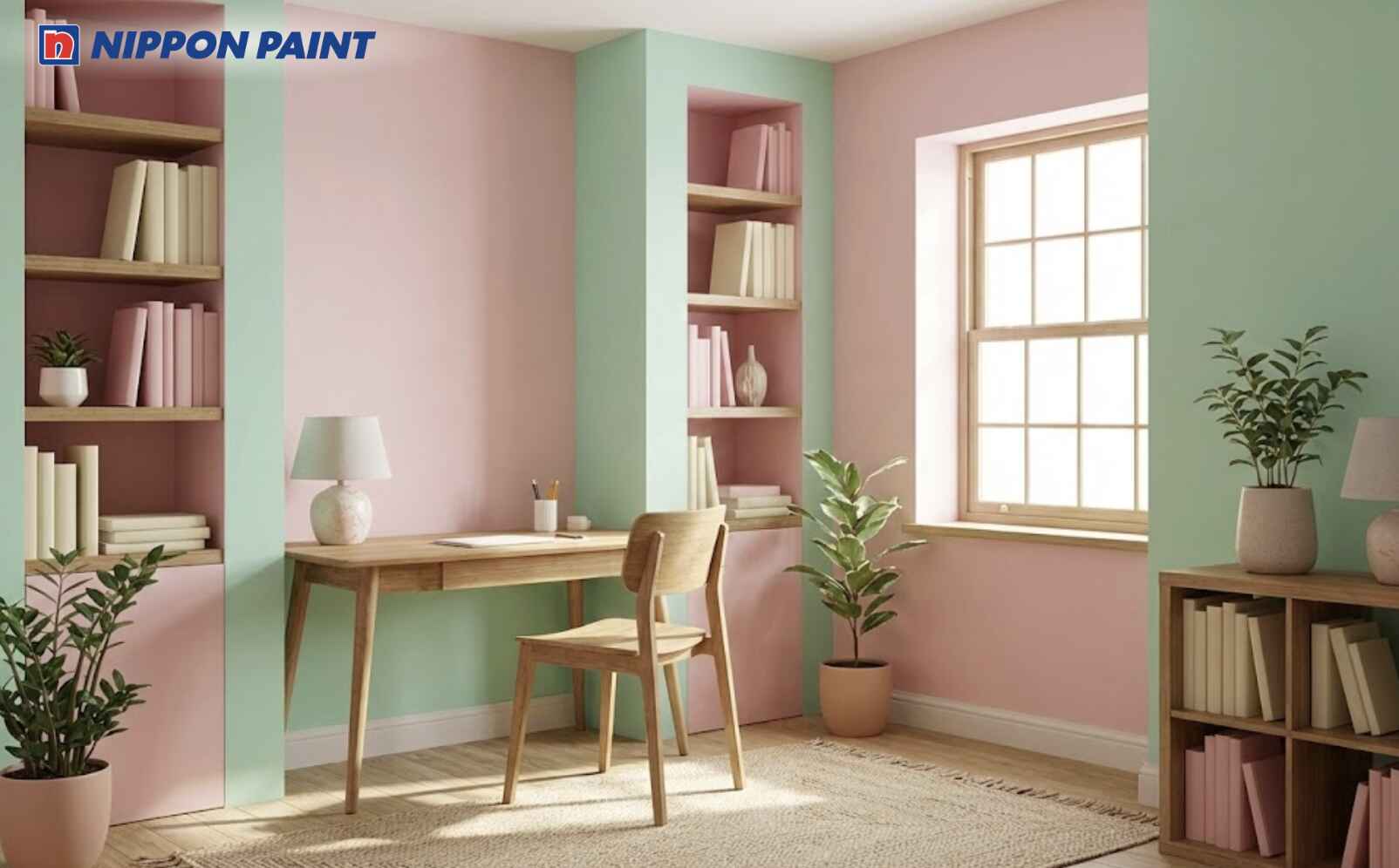 Xanh lá nhạt phối hồng pastel giúp kích hoạt Mộc, trung hòa Thủy - Hỏa và tạo cảm giác tươi mát