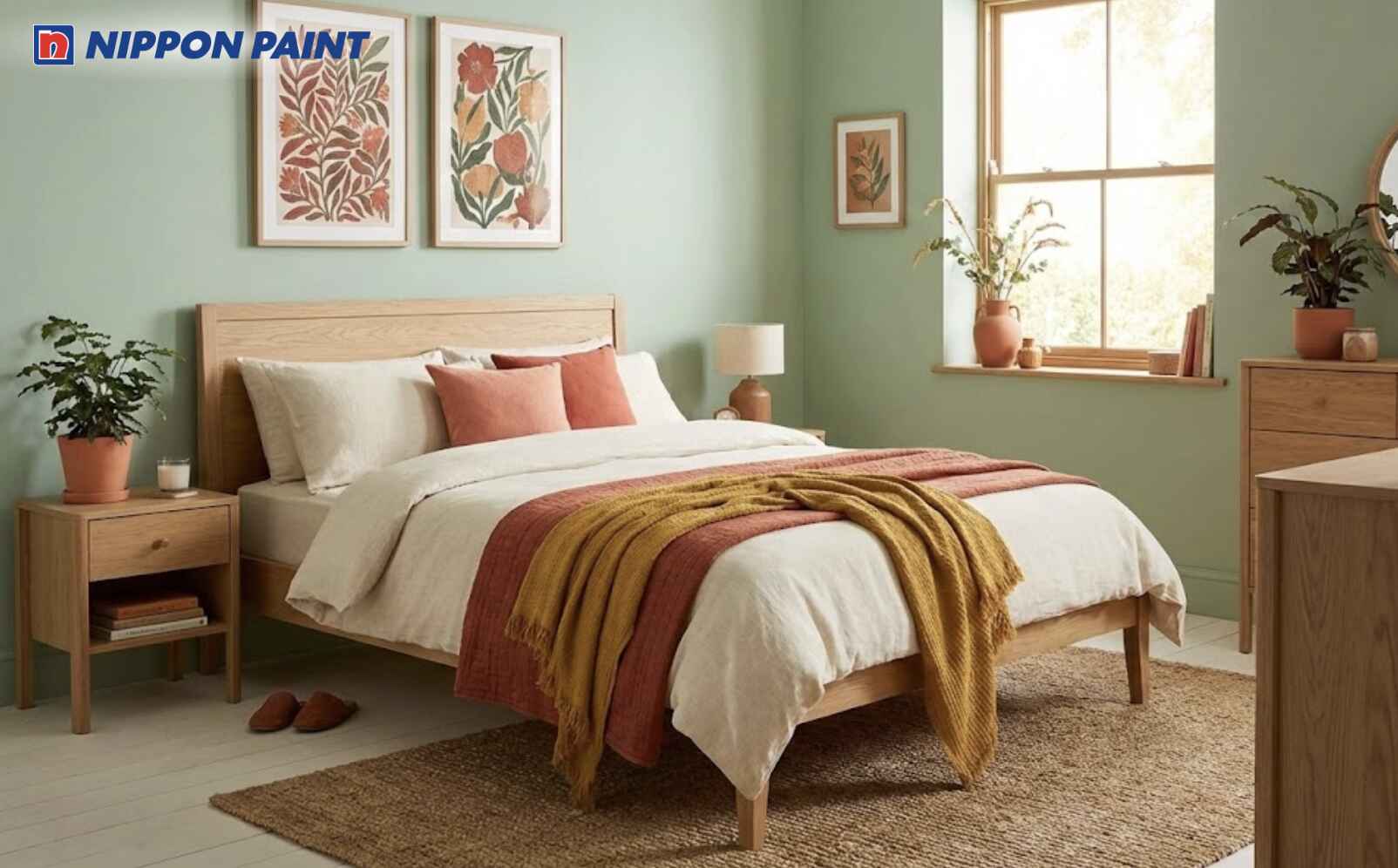 Phòng ngủ sơn màu xanh lá pastel kết hợp nội thất đỏ gạch giúp kích hoạt Mộc tương sinh Hỏa