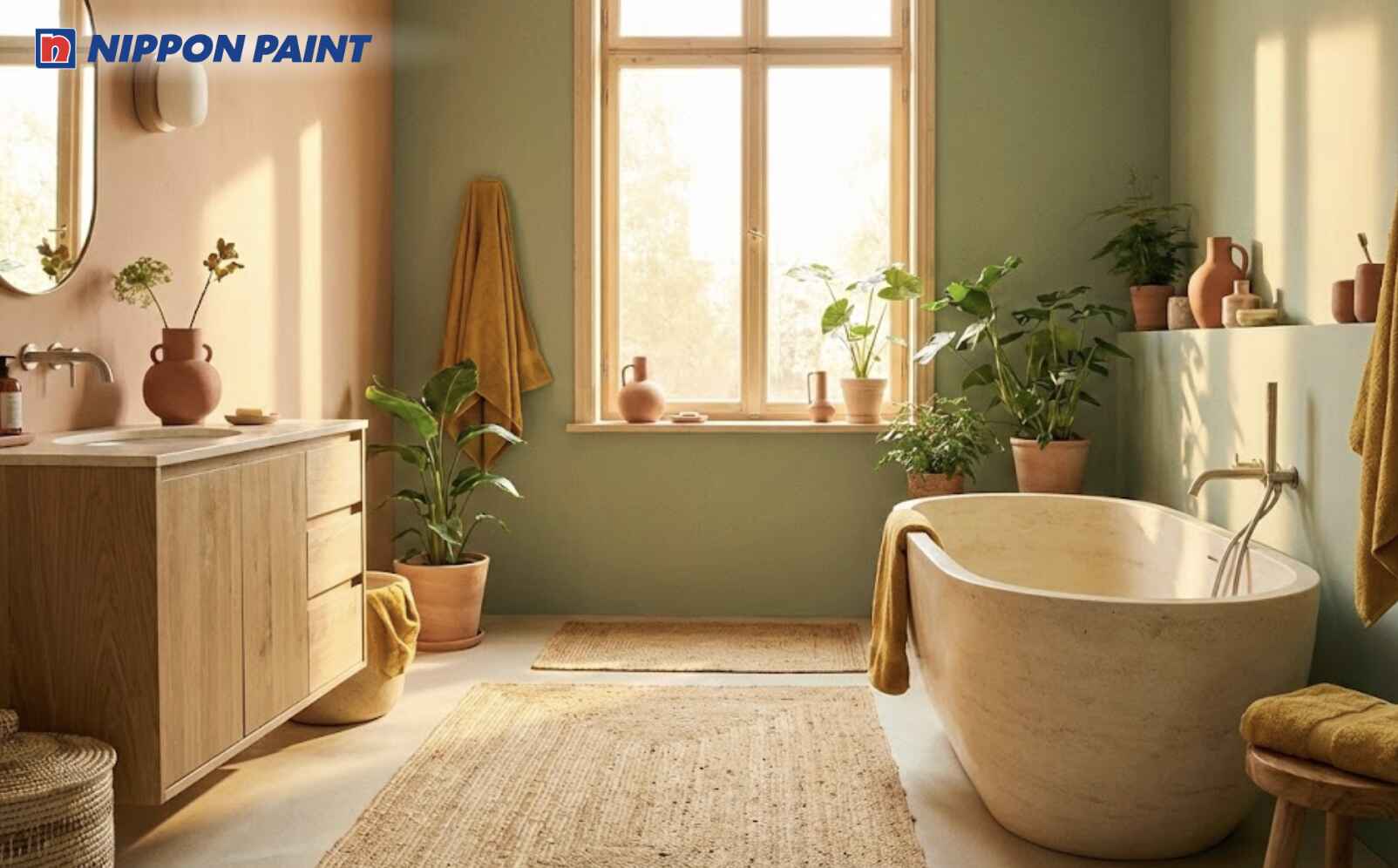 Phòng tắm sử dụng cam và xanh nhạt giúp Bính Thân 2016 thư giãn và cân bằng cảm xúc