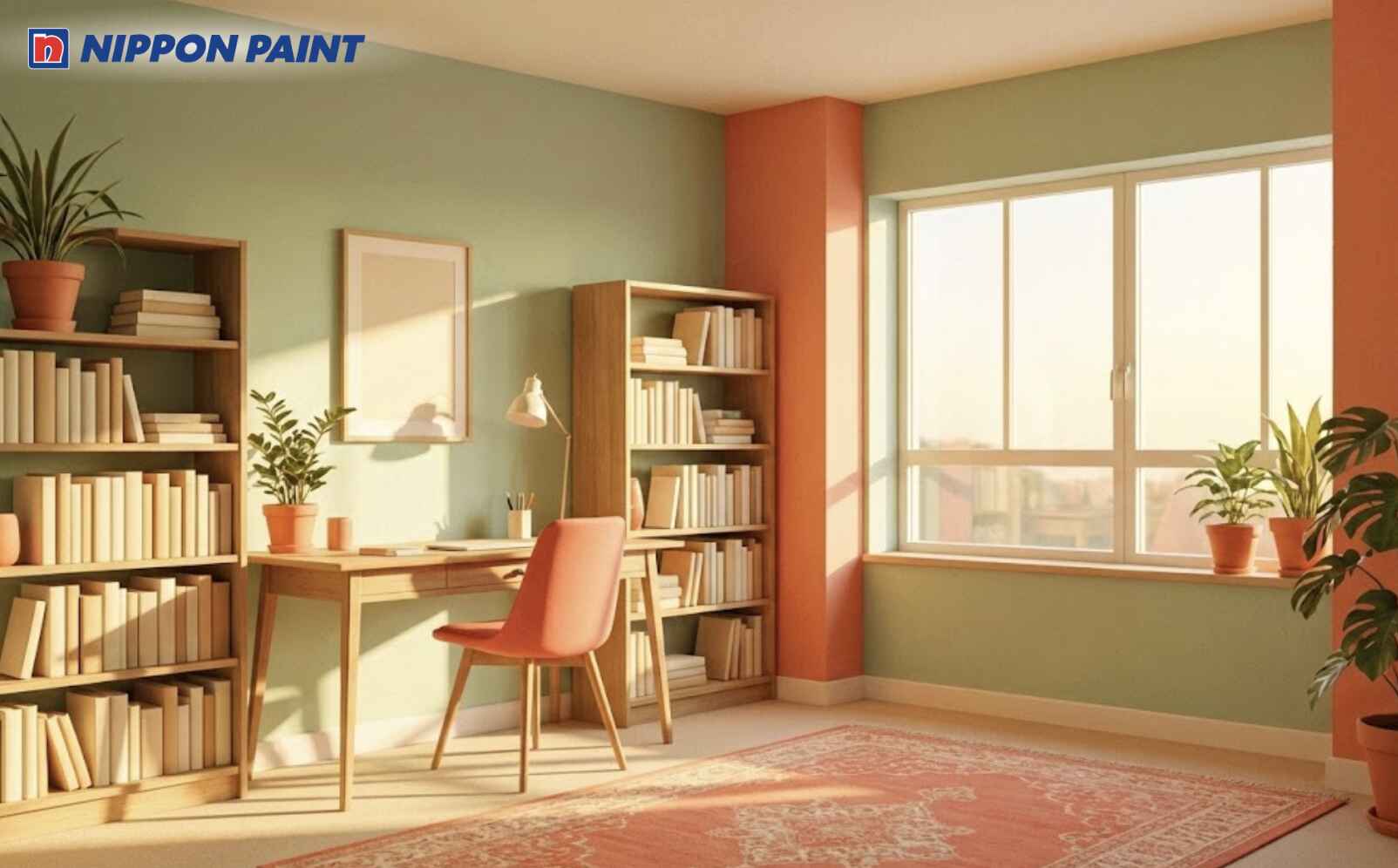 Phòng học sử dụng xanh nhạt phối cam san hô cho người sinh năm 2016