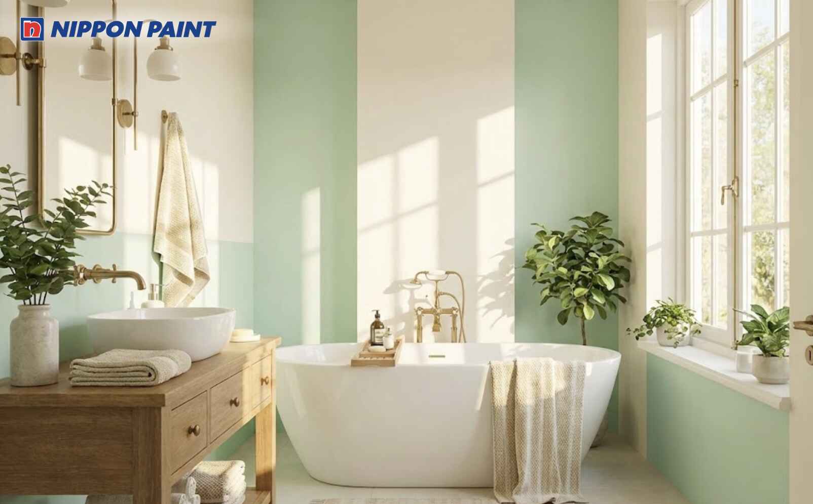 Trắng sứ kết hợp xanh pastel tạo không gian phòng tắm thoáng đãng, sạch sẽ và dễ chịu