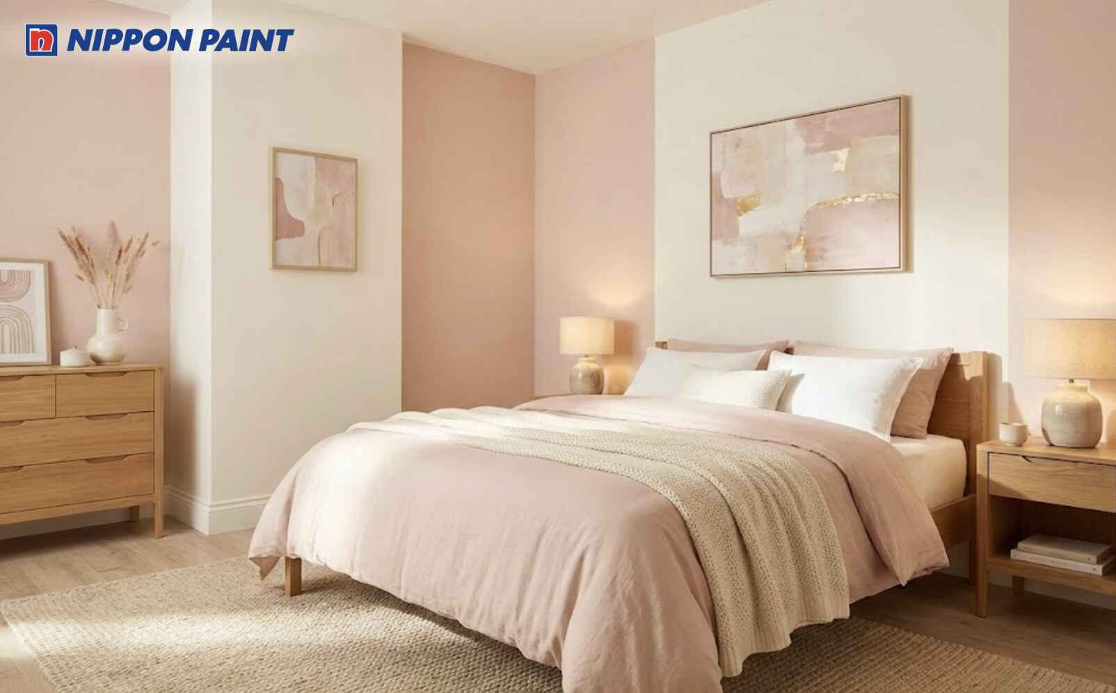 Hồng phấn kết hợp trắng sữa giúp giữ ấm năng lượng Hỏa và tạo không gian nghỉ ngơi hài hòa