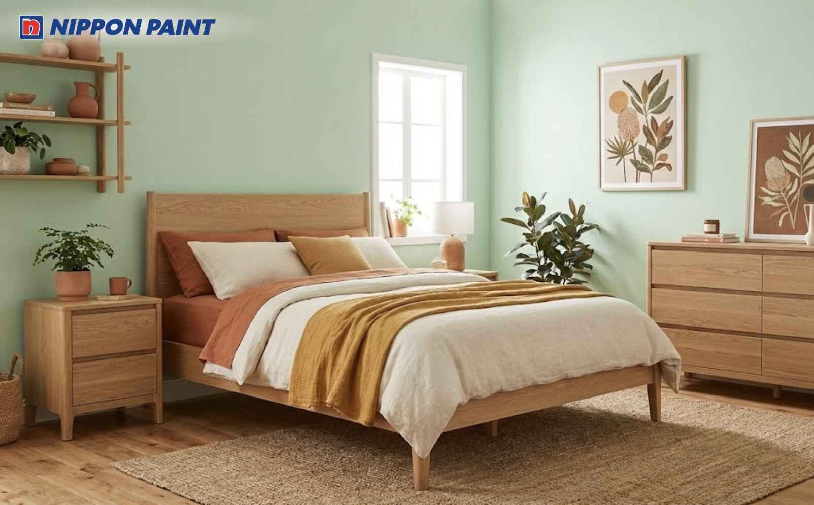 Phối xanh pastel cùng nội thất gỗ sáng giúp điều hòa phong thủy phòng ngủ tuổi 2016