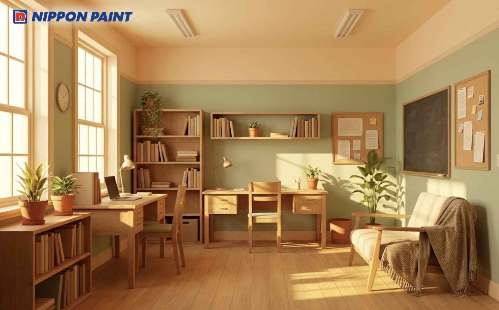 Kết hợp sơn tường xanh lá nhạt với cam sữa giúp không gian học tập ấm áp, dễ chịu