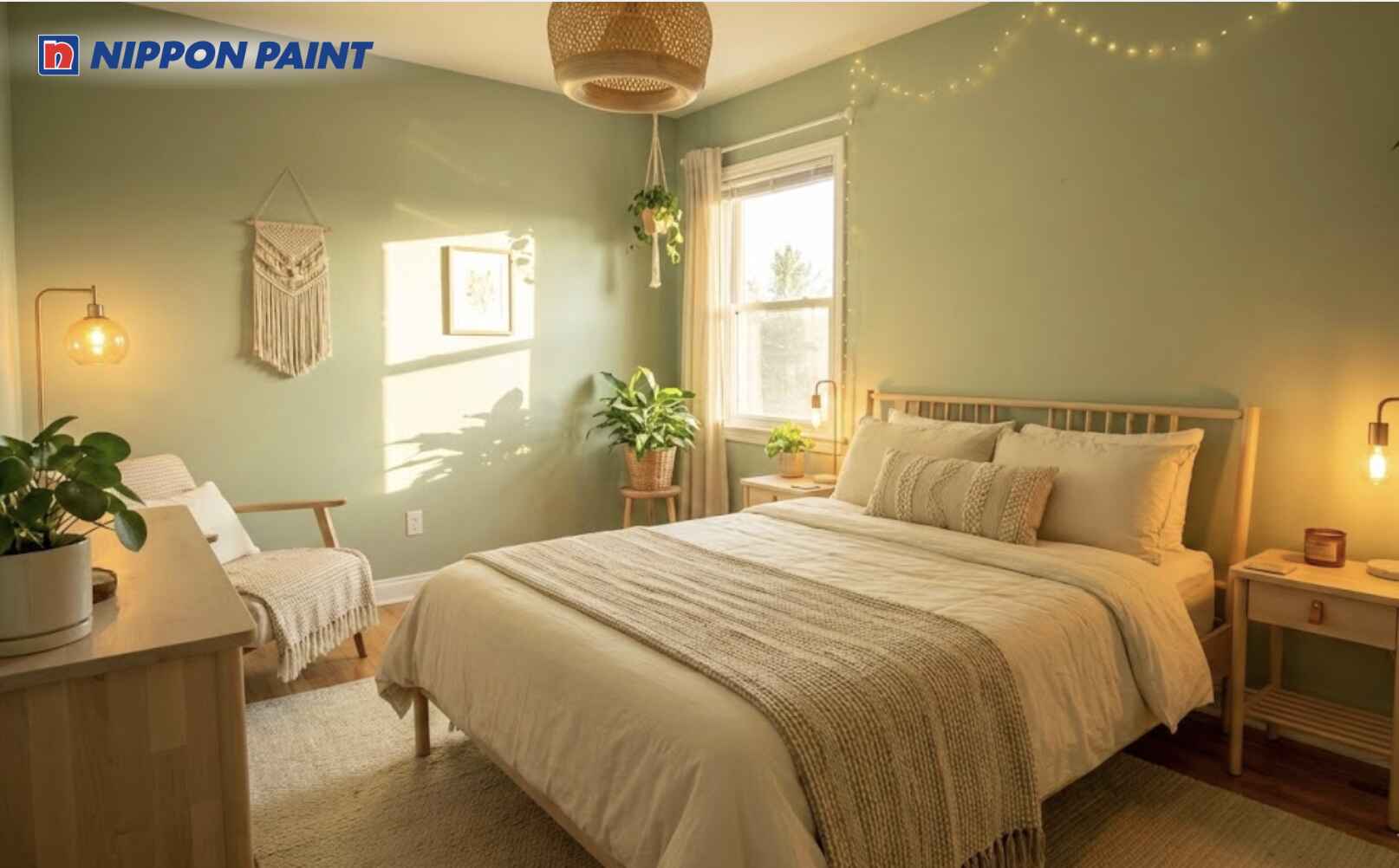 Phòng ngủ Đinh Dậu 2017 xanh lá nhạt kết hợp ánh sáng ấm giúp cân bằng năng lượng Mộc