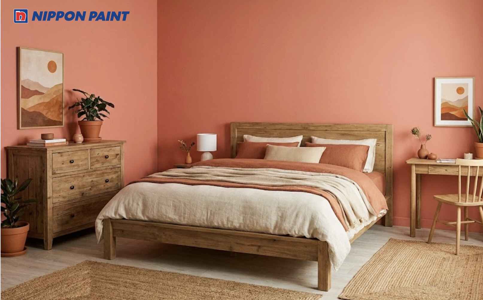 Sơn phòng ngủ tông đỏ cam kết hợp nội thất gỗ hợp phong thuỷ người tuổi Dậu