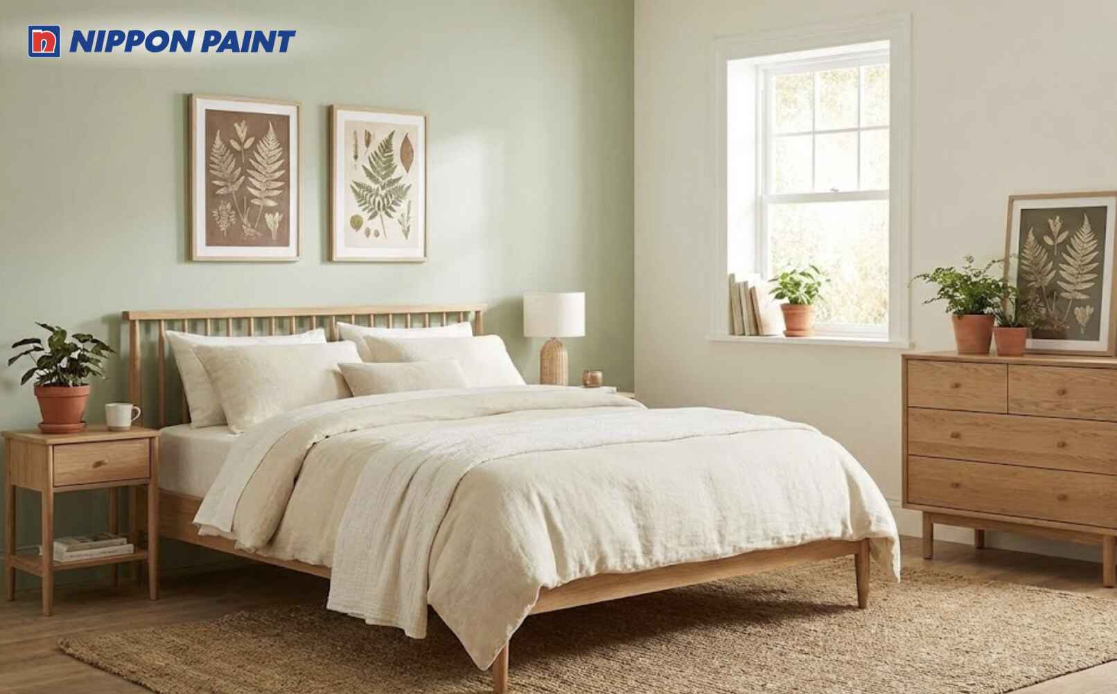 Phối xanh lá nhạt với trắng kem tạo không gian thoáng đãng, giúp phòng ngủ nhẹ nhàng và dễ chịu