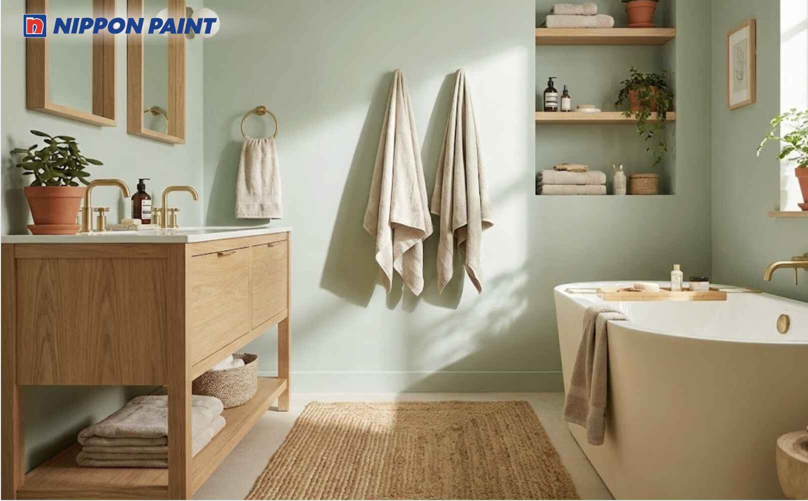 Sơn tường tông xanh lá pastel giúp phòng tắm thoáng sáng, hỗ trợ lưu thông năng lượng tích cực