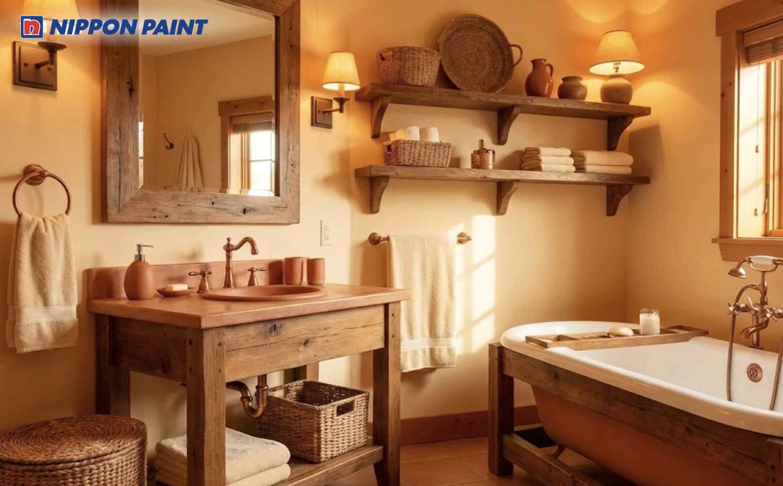 Tường phòng tắm màu cam sữa tạo sự ấm áp, cân bằng năng lượng và giảm cảm giác ẩm lạnh