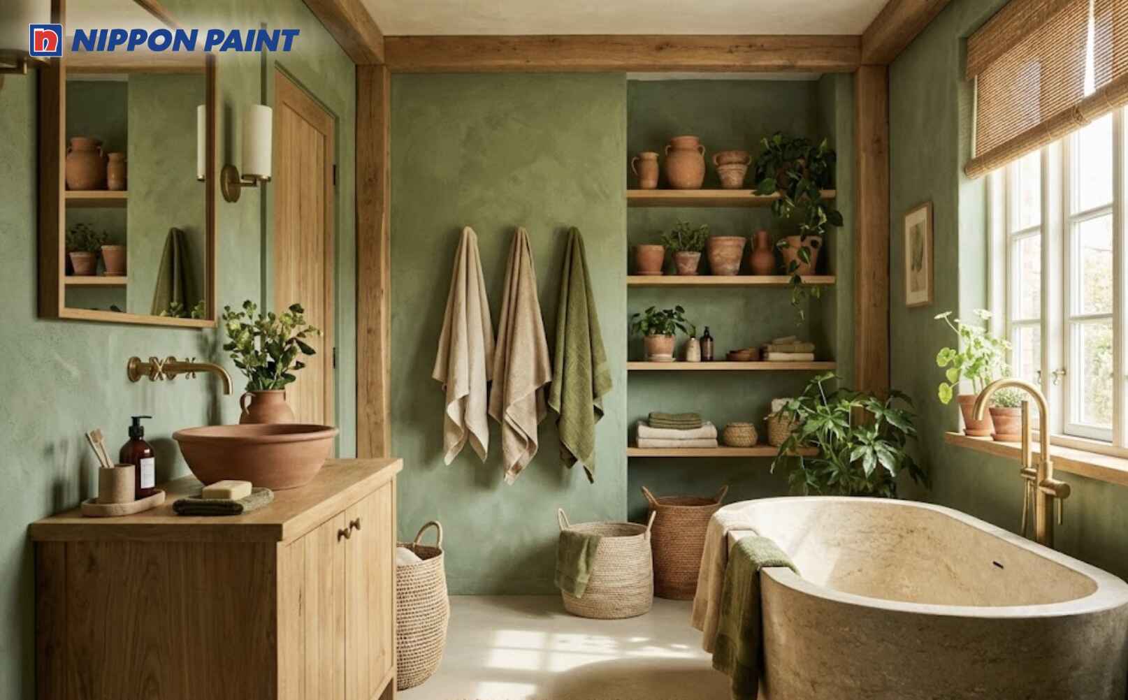 Sơn tường phòng tắm gam trung tính với màu xanh lá chủ đạo