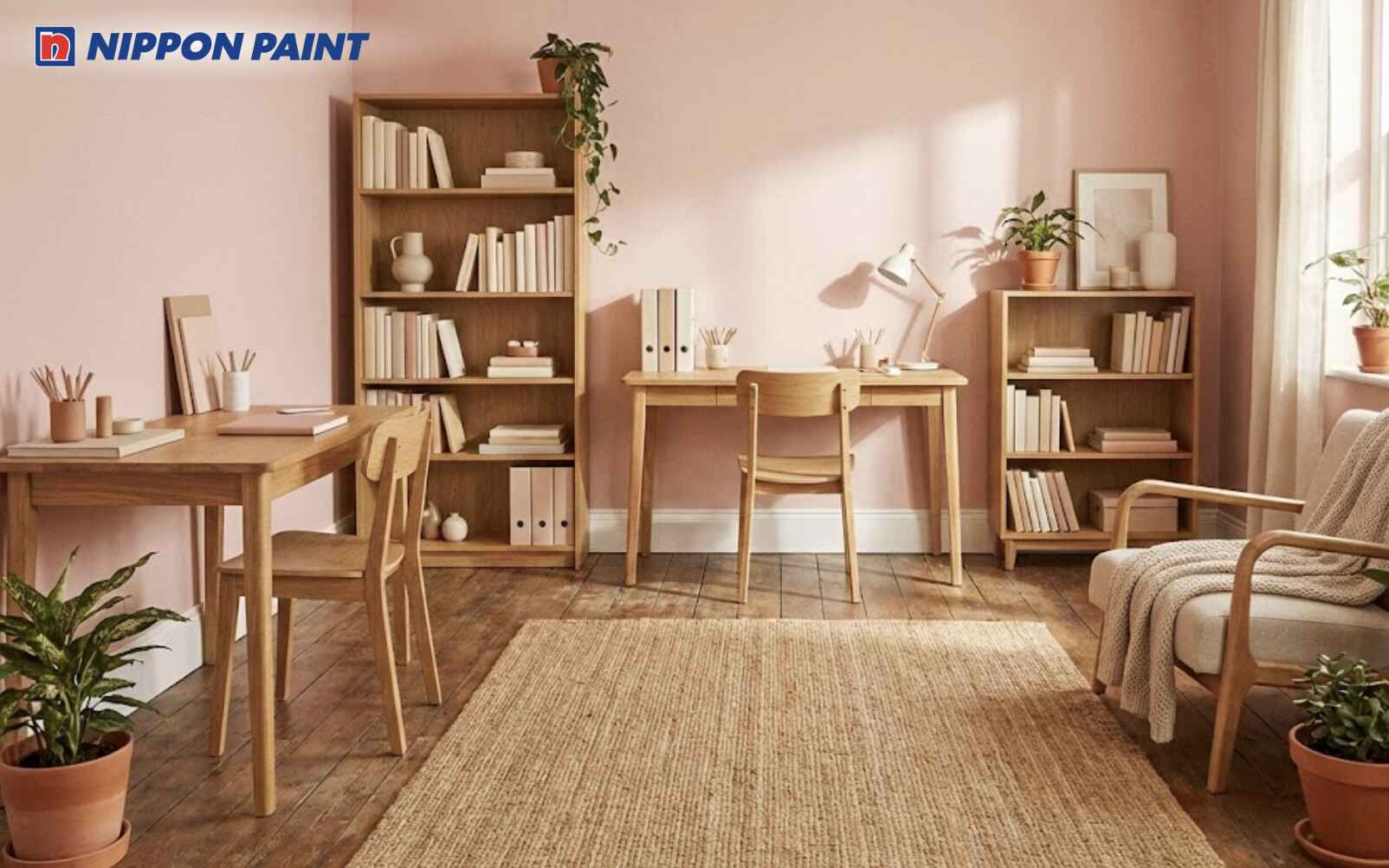 Màu sơn tường hồng pastel làm dịu cảm xúc, giúp duy trì tinh thần học tập tích cực