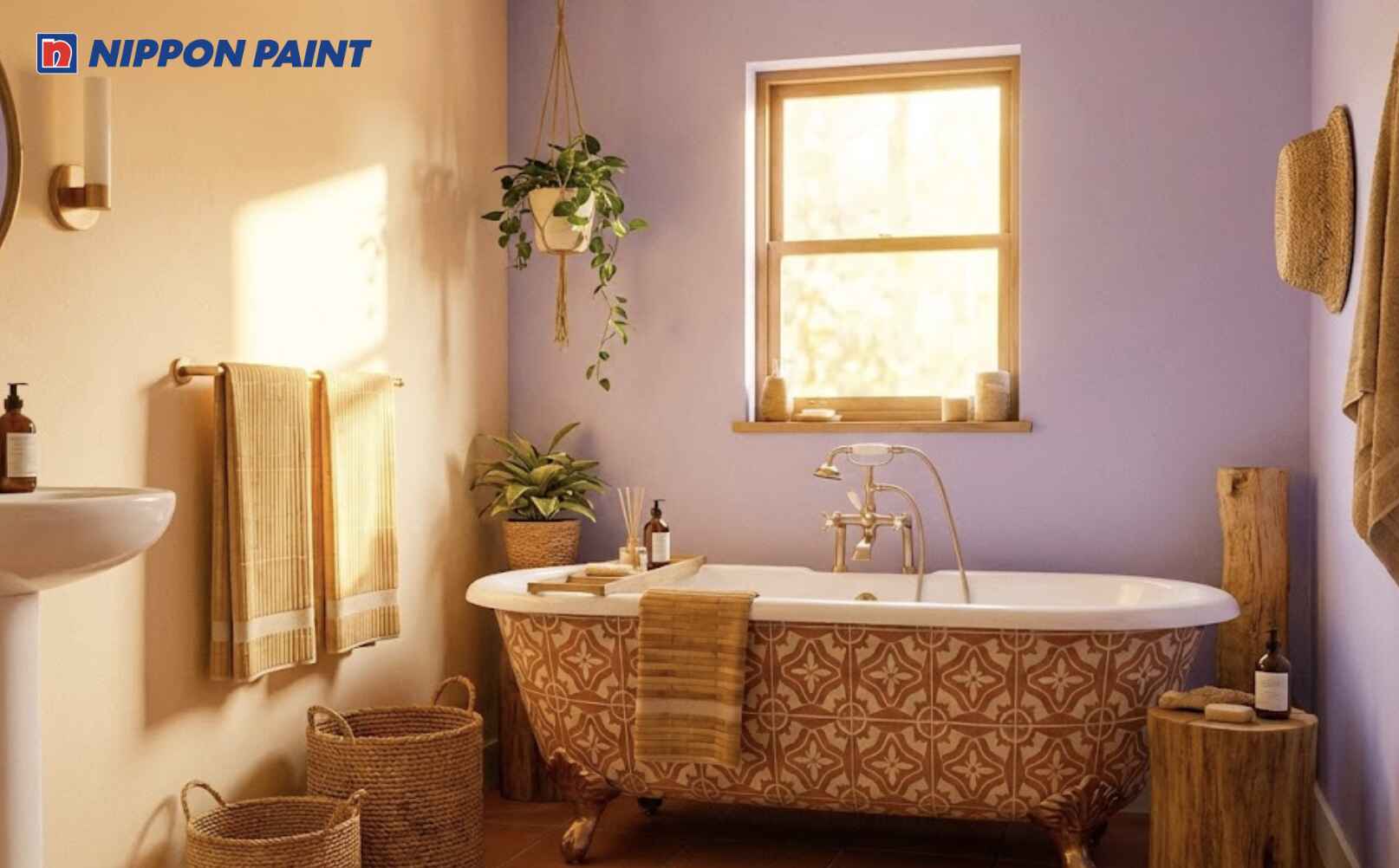 Màu sơn tường cam sữa kết hợp tím pastel giúp không gian hài hòa phong thuỷ Đinh Dậu 2017