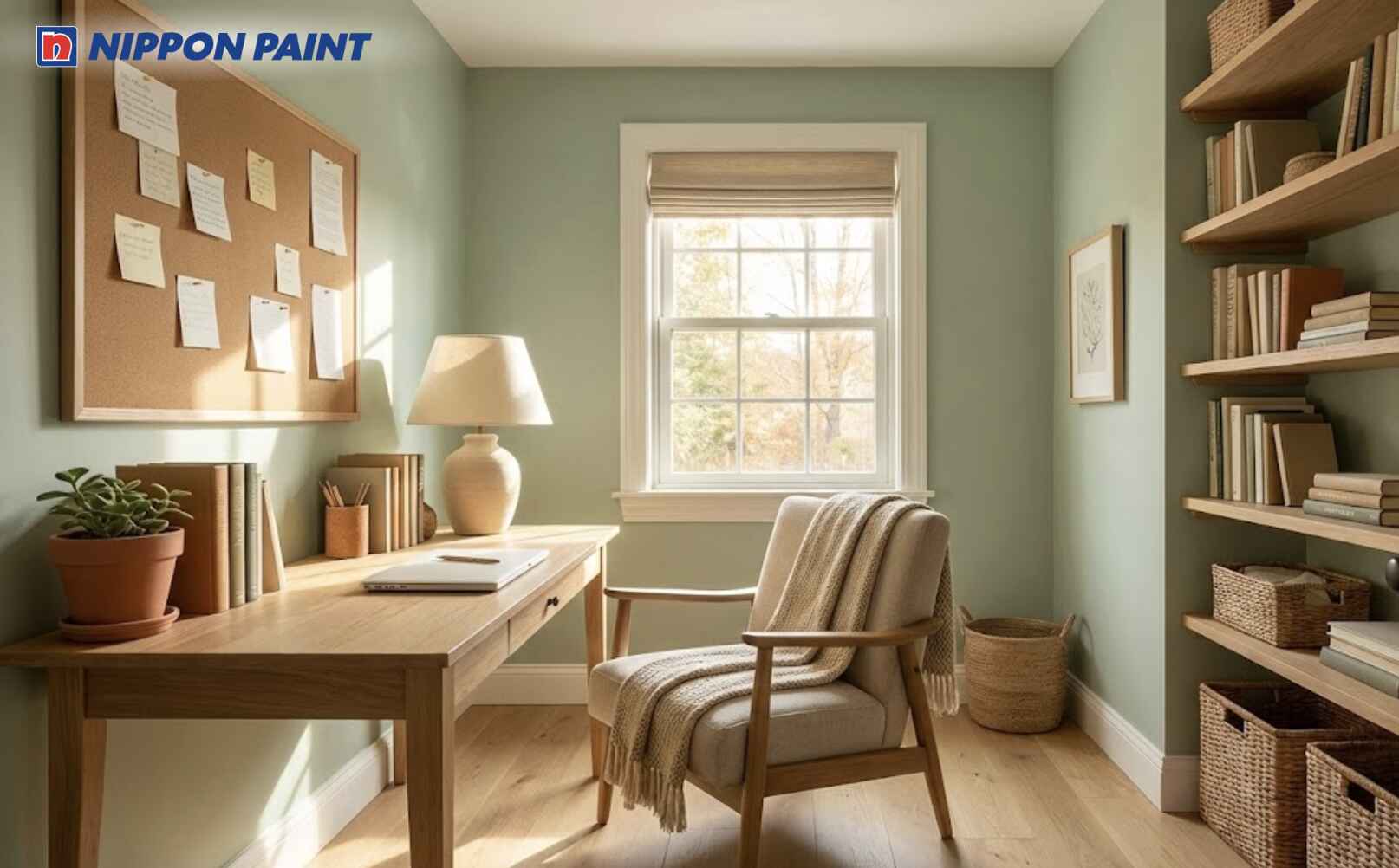 Tường phòng học xanh lá pastel tạo cảm giác dịu mắt, hỗ trợ não bộ hoạt động ổn định