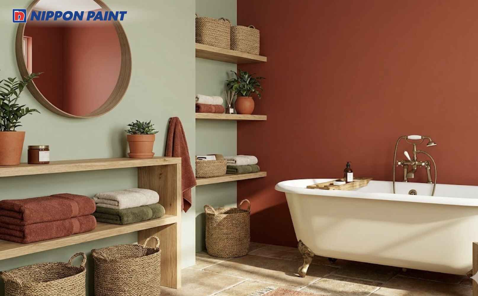 Tường phòng tắm màu xanh lá nhạt phối đỏ trầm giúp cân bằng phong thuỷ hiệu quả