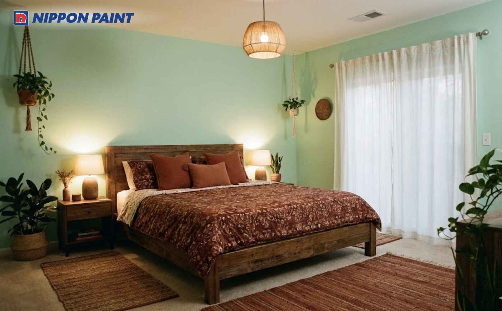 Màu xanh mint nhấn đỏ trầm kích hoạt vận khí tốt, hỗ trợ tinh thần và sự tự tin