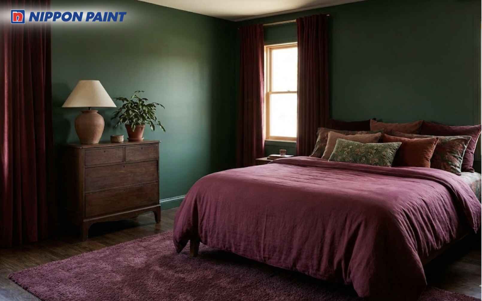 Lựa chọn xanh lá phối đỏ mận giúp không gian phòng ngủ tuổi Tuất thêm ấm cúng