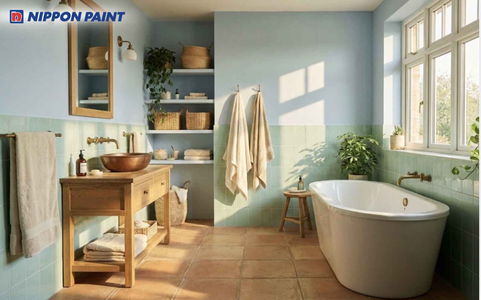 Sơn phòng tắm xanh pastel kết hợp ốp tường màu xanh sáng màu