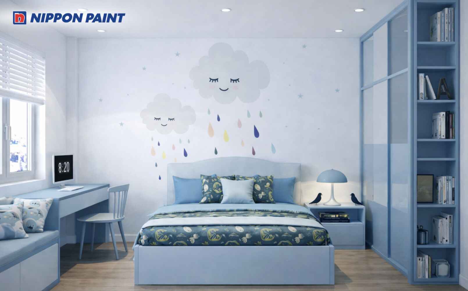 Phối màu xanh nhạt cùng ánh sáng tự nhiên giúp phòng học thông thoáng hơn