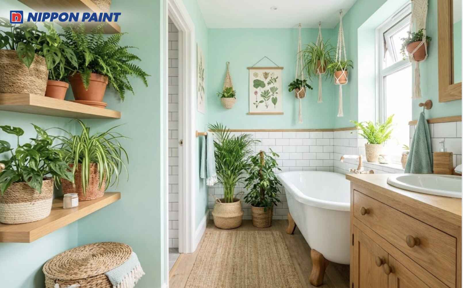 Phối màu xanh ngọc nhẹ cùng cây xanh trang trí giúp tăng vượng khí, đúng phong thủy