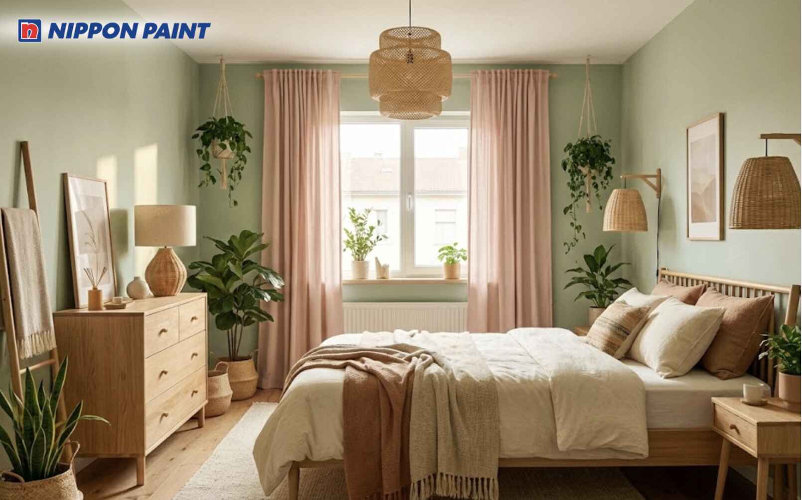 Phối màu xanh lục sáng cùng rèm hồng pastel giúp phòng ngủ luôn dễ chịu và cân bằng phong thủy