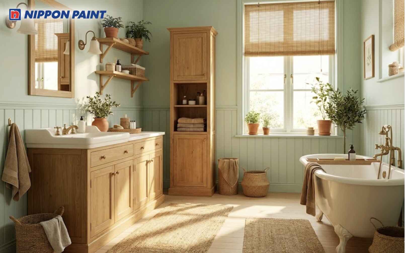 Phòng tắm sơn xanh mint nhạt kết hợp nội thất gỗ giúp mệnh Mộc cân bằng năng lượng