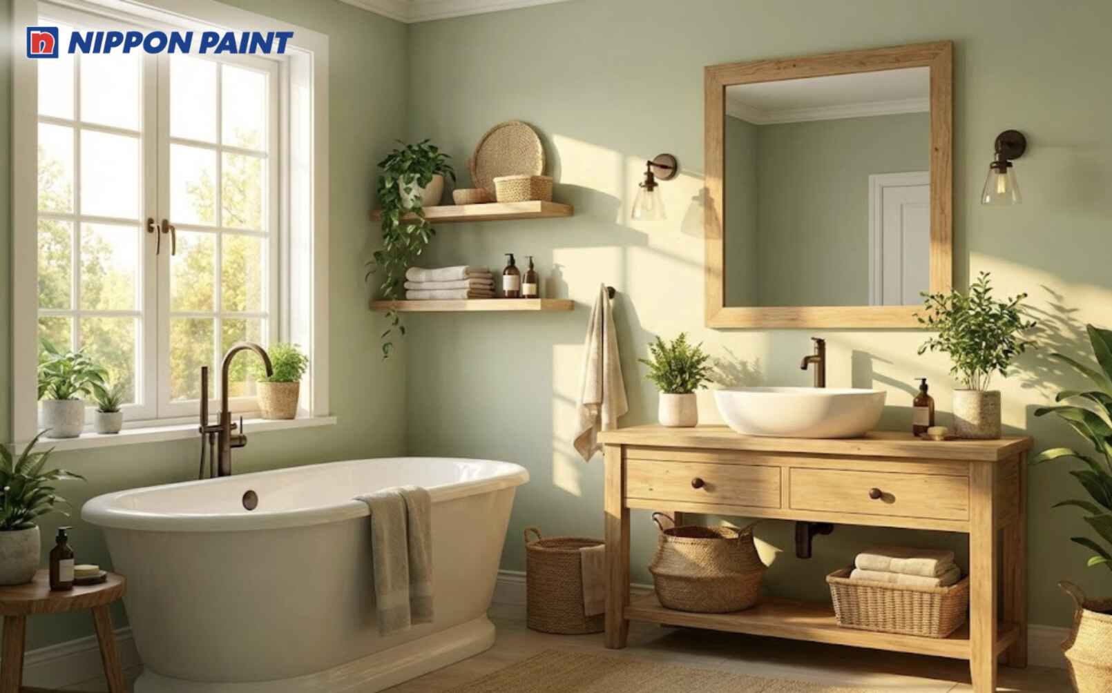 Không gian phòng tắm mệnh Mộc nên ưu tiên xanh nhạt lá cây