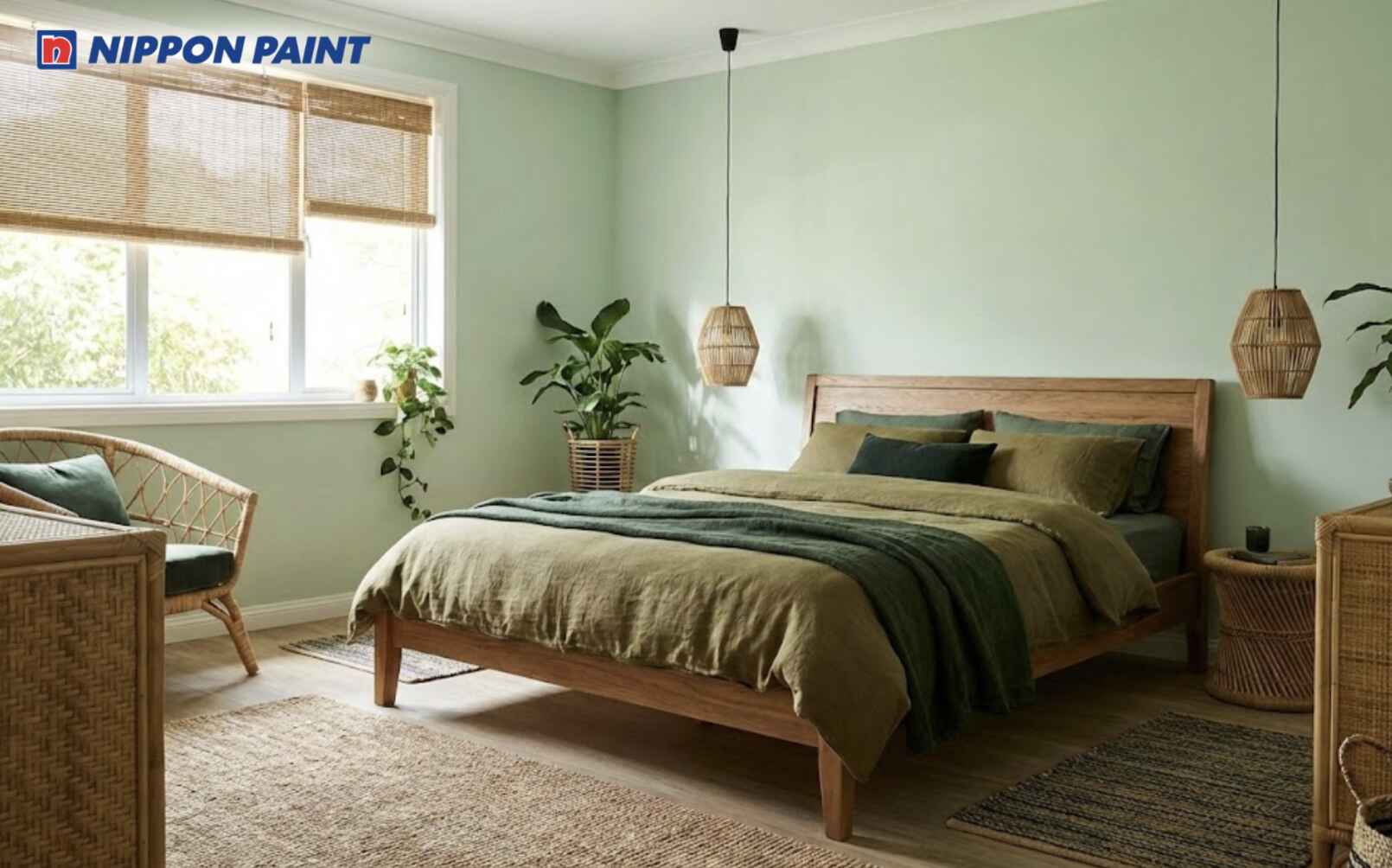 Phòng ngủ sơn xanh lá nhạt giúp mệnh Mộc cân bằng cảm xúc, mang lại giấc ngủ sâu hơn