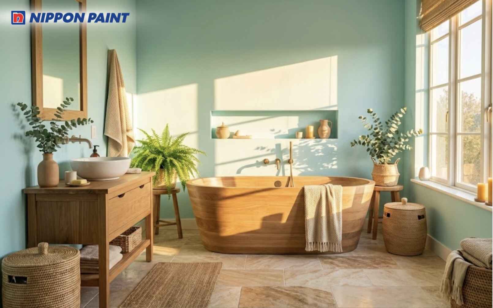 Gam xanh ngọc pastel phối ánh sáng vàng dịu mang lại phong thủy hài hòa