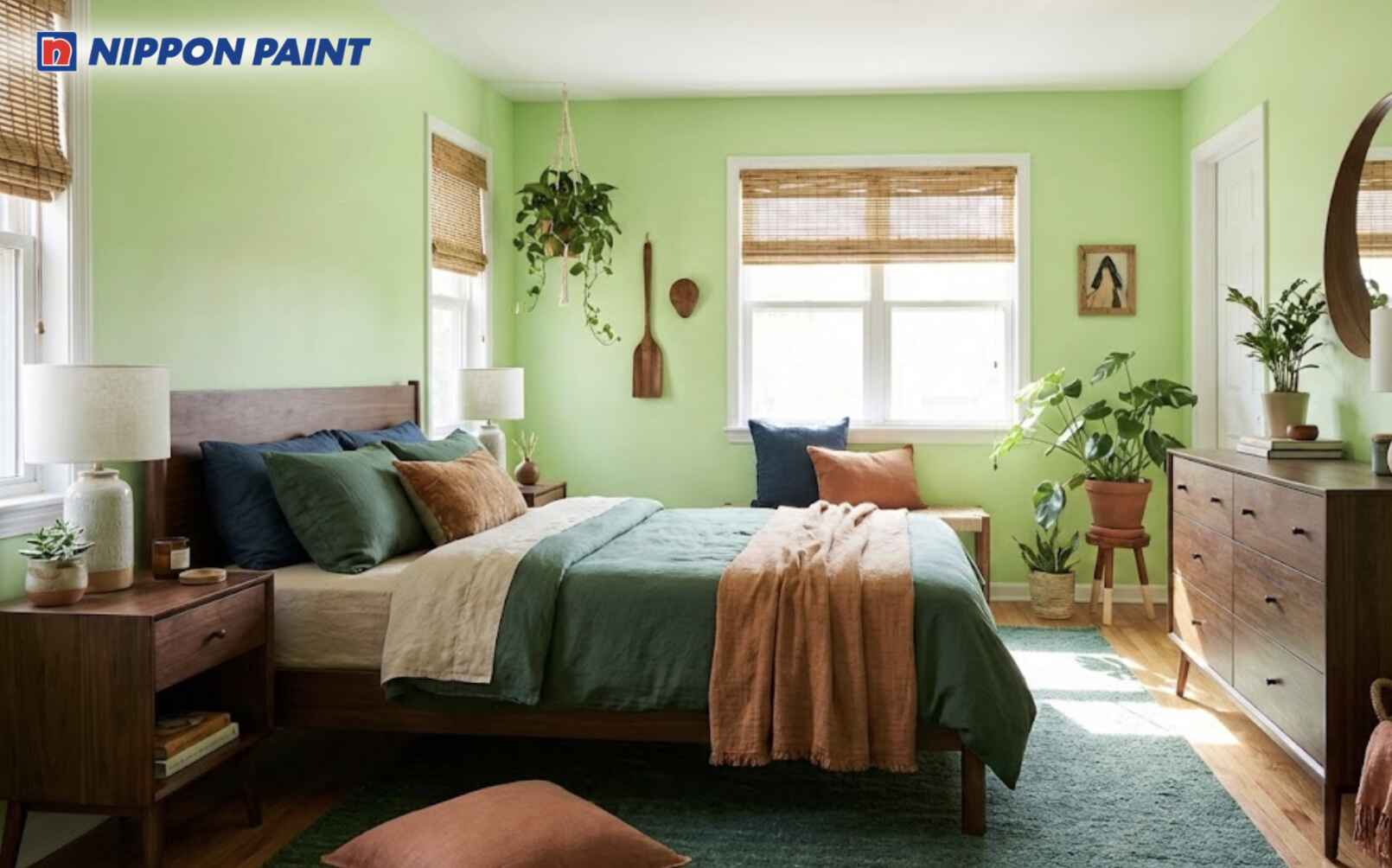 Phối xanh lục sáng cùng ánh sáng ấm giúp phòng ngủ Mậu Tuất 2018 thoáng đãng