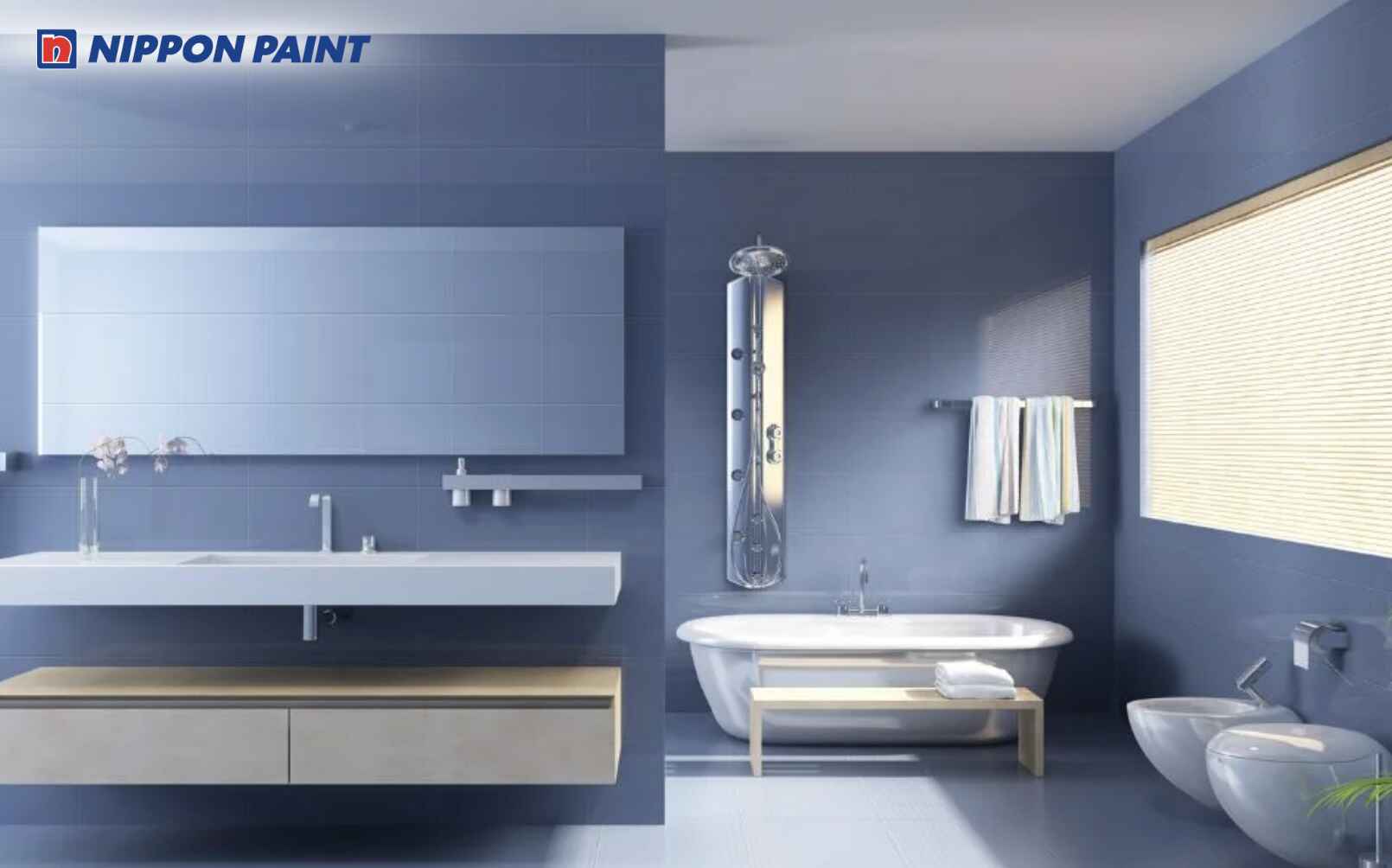 Phòng tắm sơn xanh navy mang lại không gian sang trọng và thư thái cho Mậu Tuất