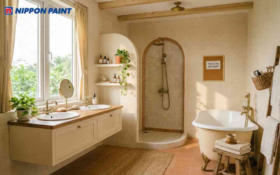 Phòng tắm màu nâu mang cảm giác ấm cúng