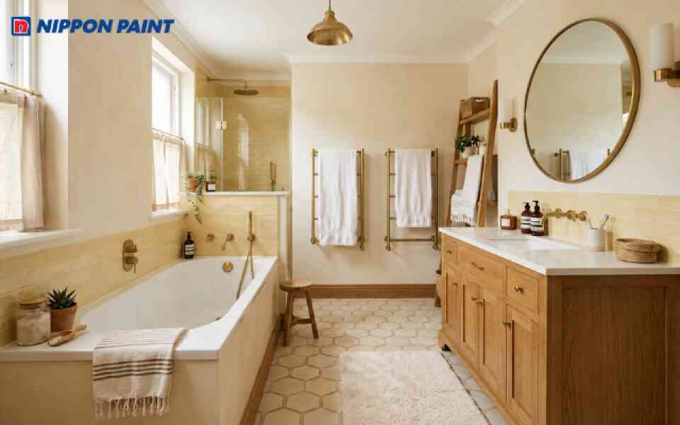 Phòng tắm với thiết kế dễ chịu và ấm áp