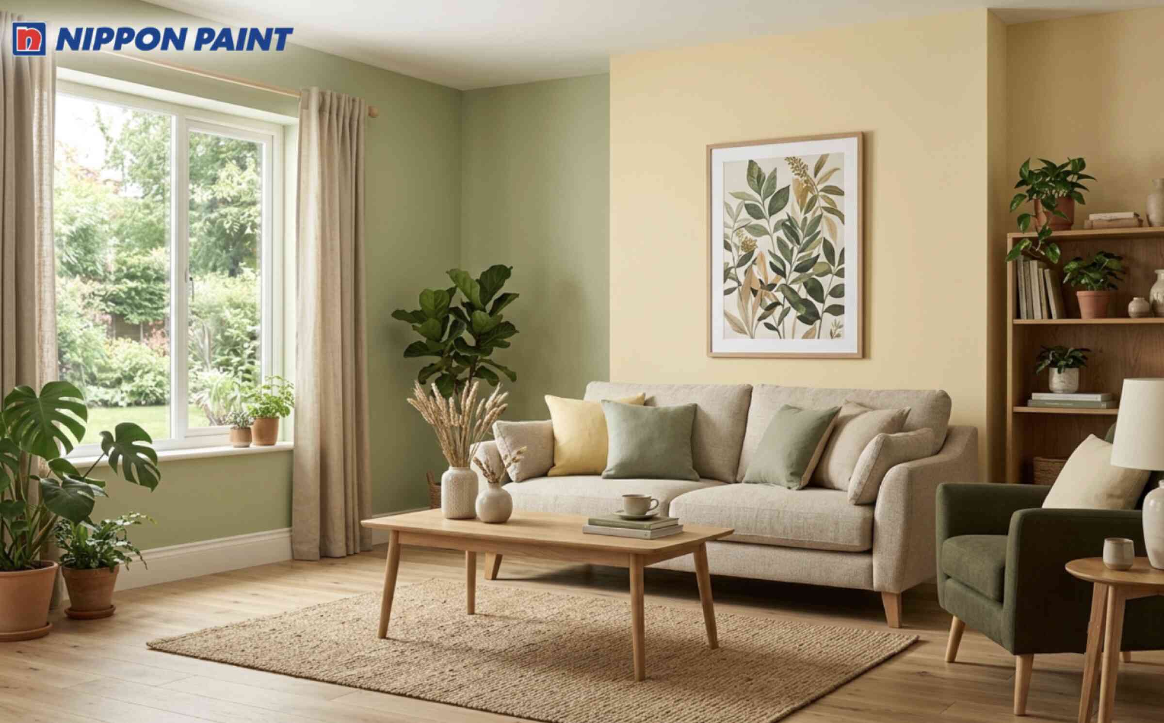 Sơn tường kem vàng phối xanh olive nhạt, gần gũi thiên nhiên