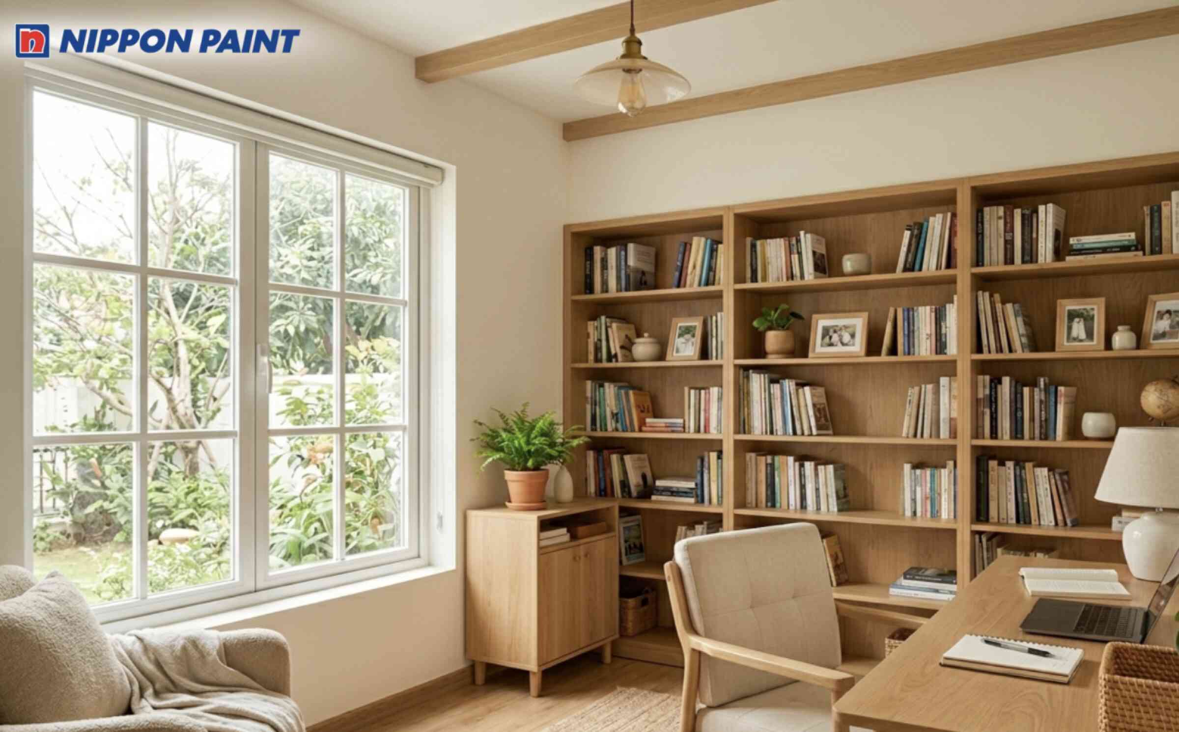 Trắng sữa phối nâu gỗ sáng, tạo góc học tập hài hòa