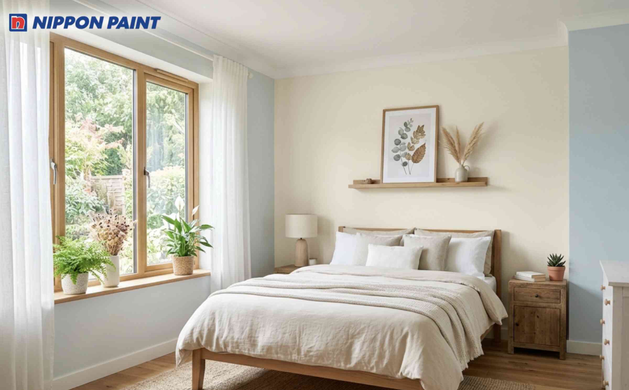 Sinh năm 2022 sơn tường trắng kem phối xanh pastel nhạt giúp phòng ngủ thư giãn