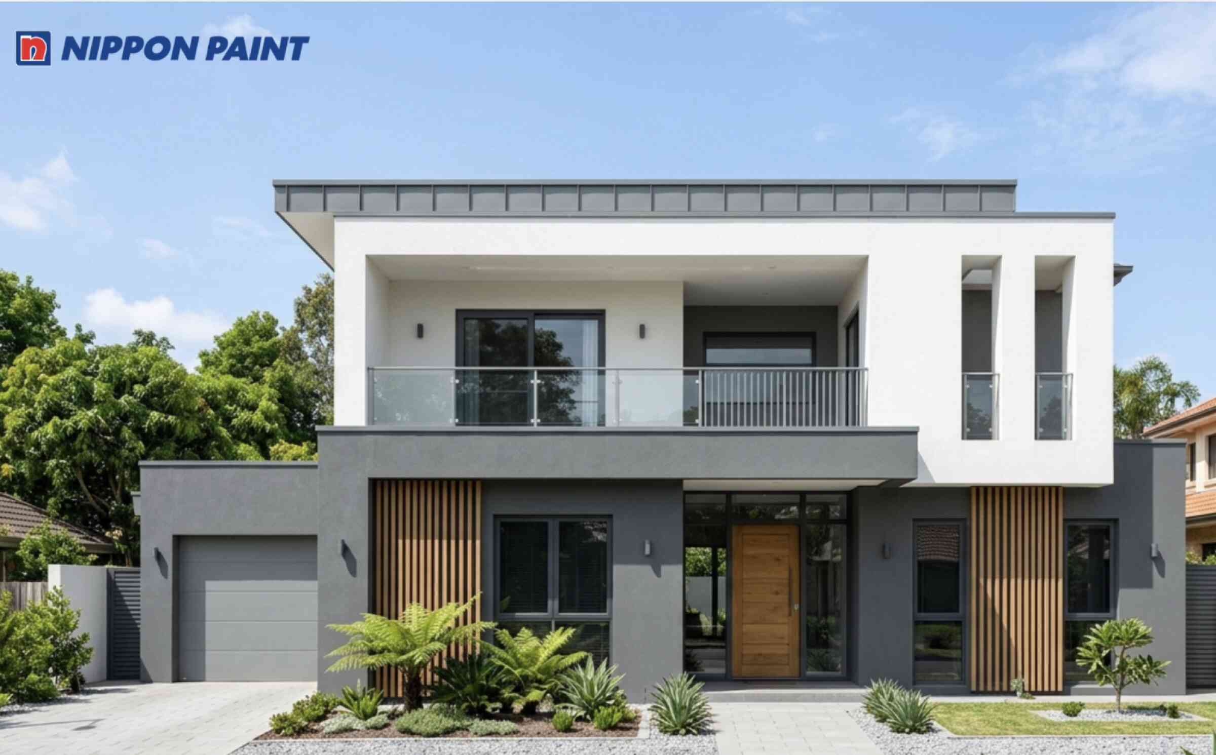 Mặt tiền xám ghi kết hợp trắng giúp cân bằng phong thủy, tạo cảm giác vững chãi