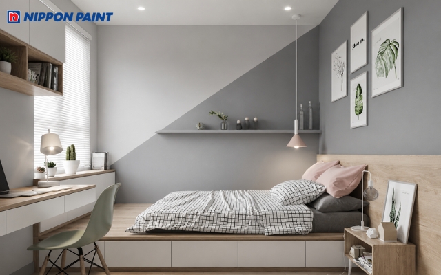 Màu xám nhạt phòng ngủ tối giản tạo cảm giác thư giãn và cân bằng năng lượng