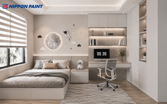 Màu xám be phòng ngủ hiện đại giúp không gian ấm áp