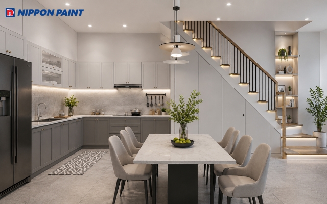 Màu xám phòng bếp hiện đại, cân bằng năng lượng