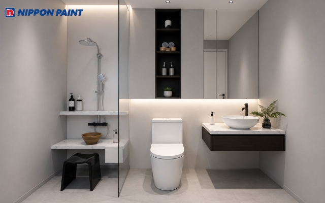 Màu xám nhạt phòng tắm tối giản, thư giãn