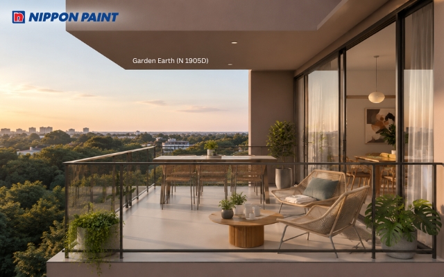 Ban công kết hợp với nội thất mây tre cùng tường phối màu Garden Earth (N 1905D)