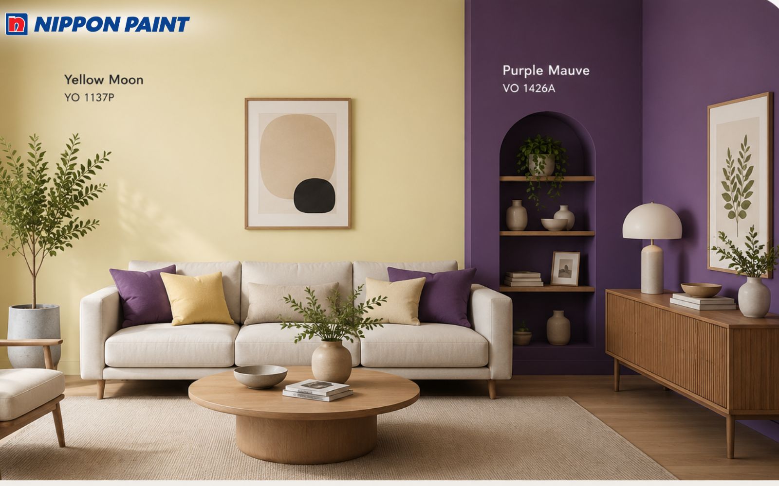 Phòng khách phối màu sơn vàng Yellow Moon và tím Purple Mauve