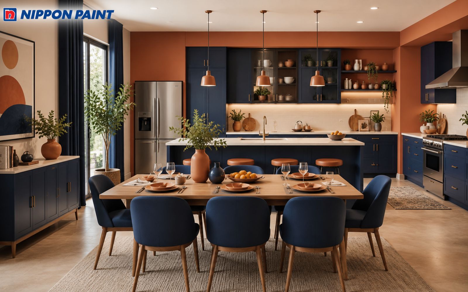 Phòng bếp phối màu cam đất và xanh navy đầy cá tính