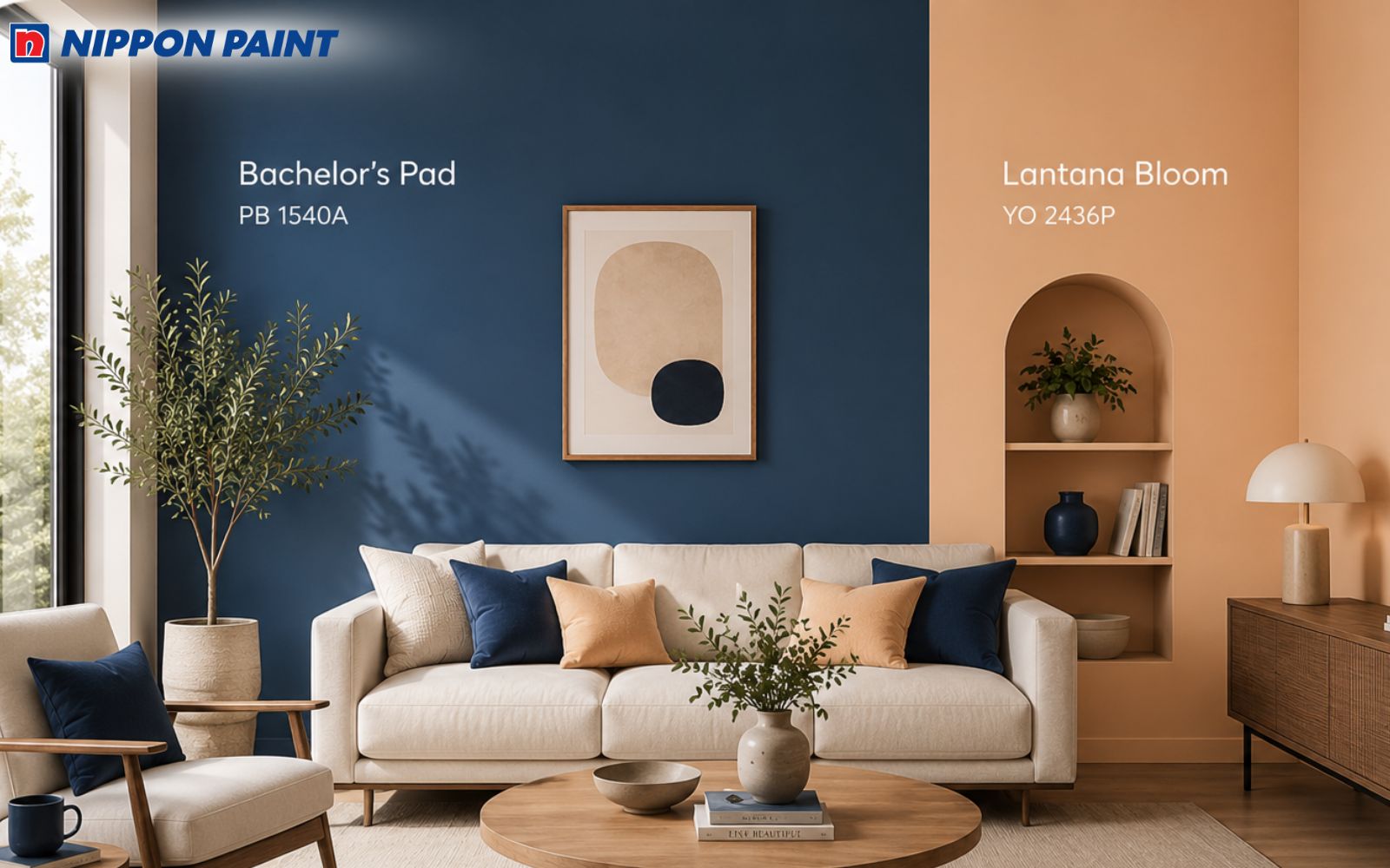 Phối màu sơn xanh navy Bachelor's Pad và cam Lantana Bloom