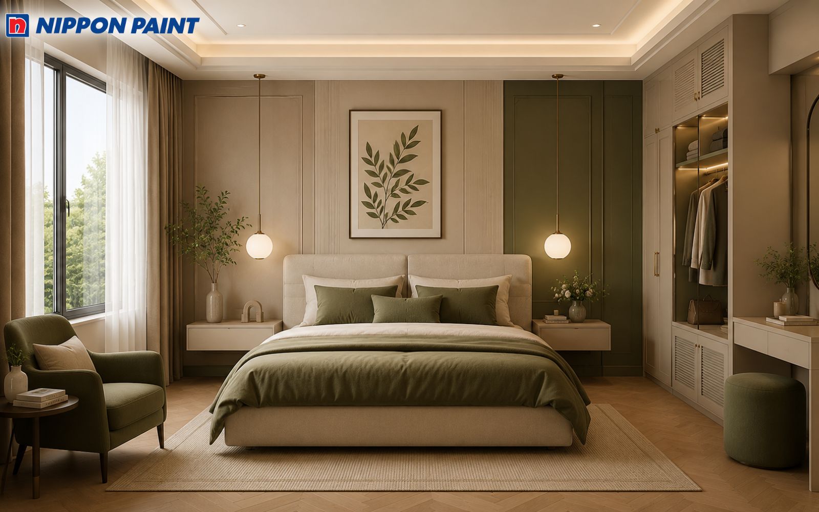 Phòng ngủ phối màu kem và xanh olive ấm áp, hài hòa