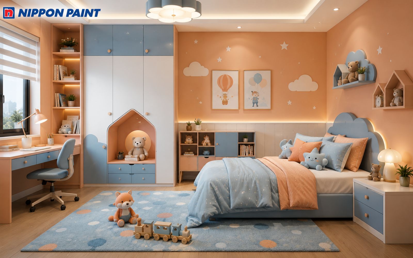 Phòng trẻ em phối cam đào - Xanh da trời đáng yêu