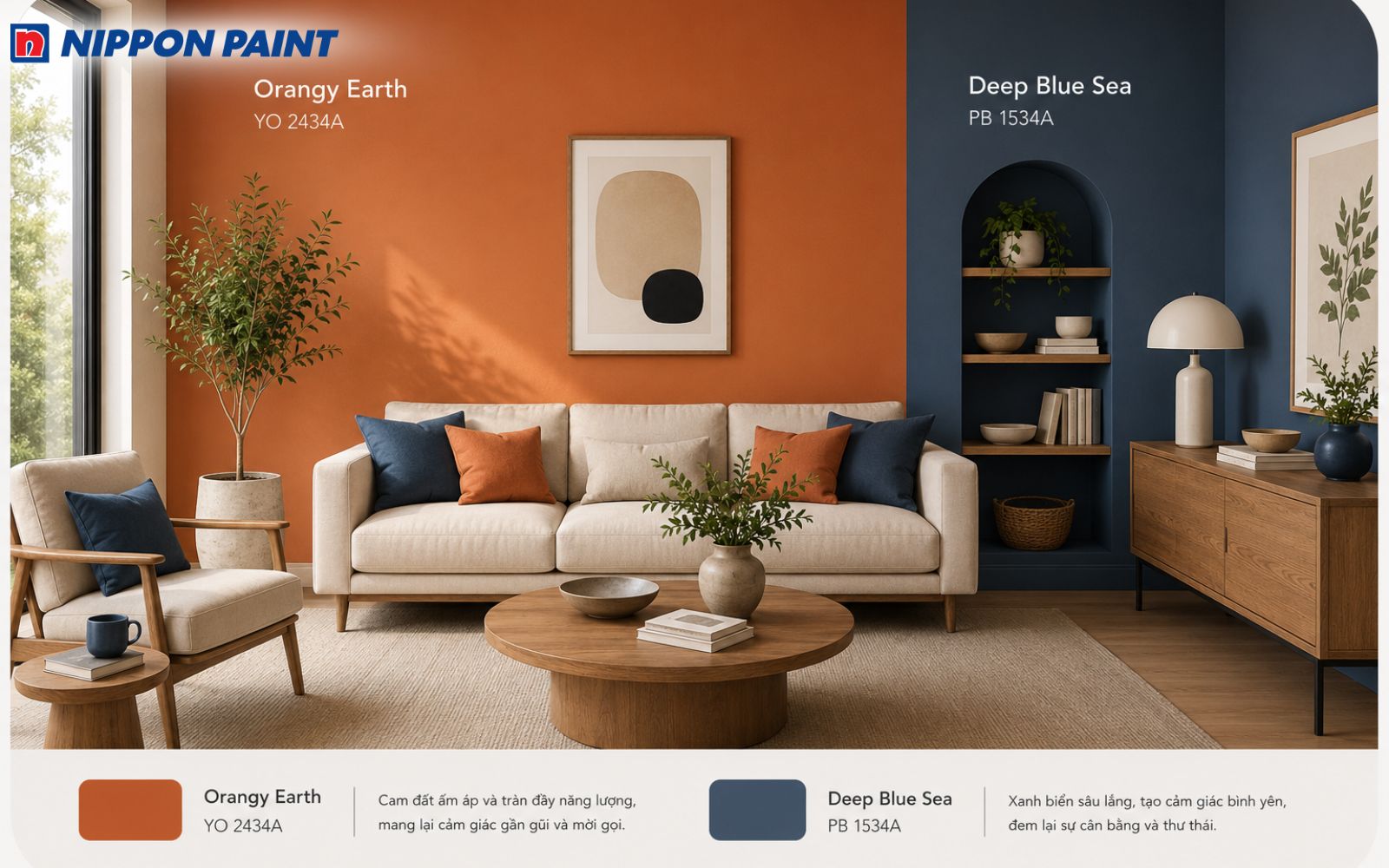 Phối màu sơn Orangy Earth và Deep Blue Sea phong cách hiện đại