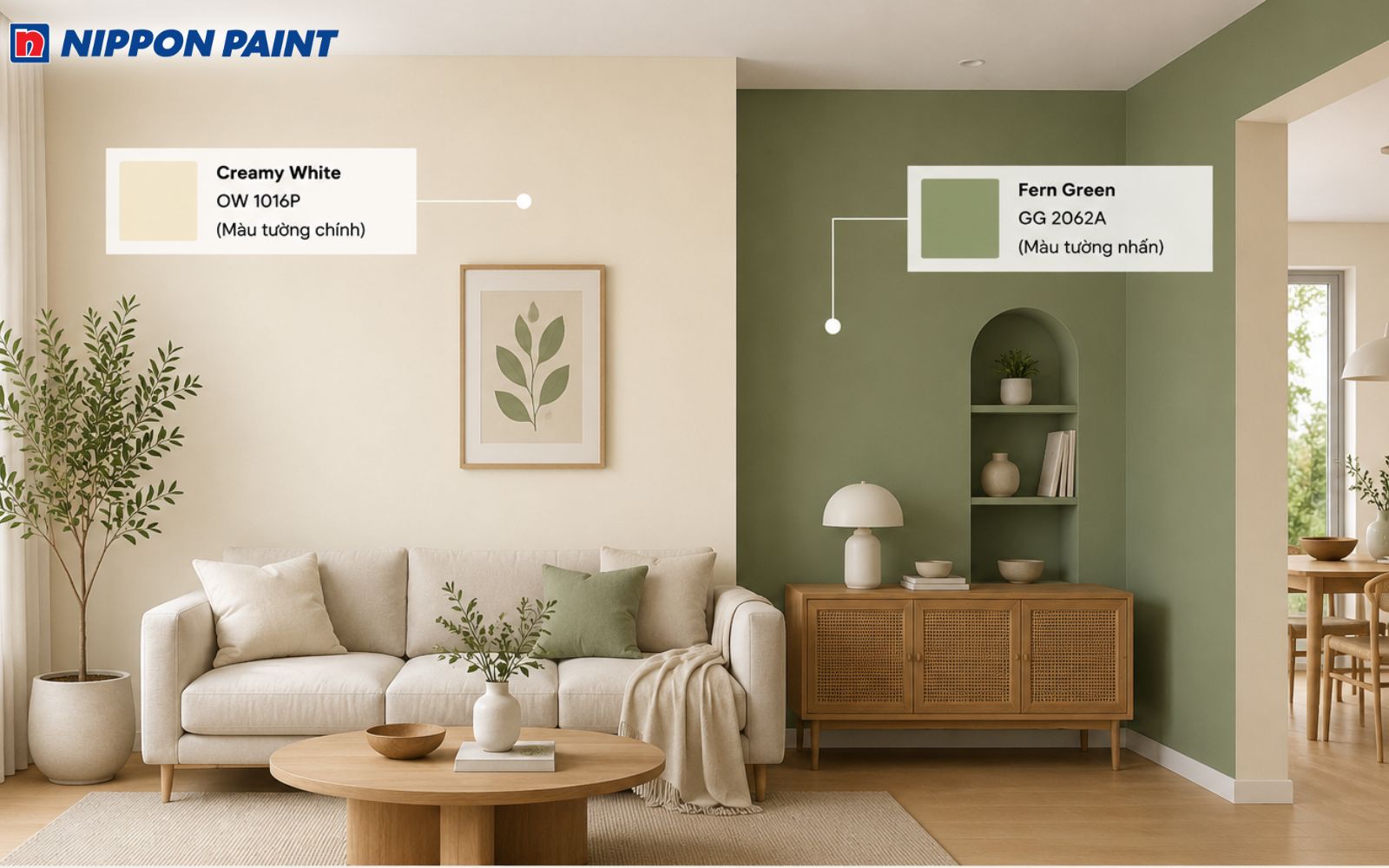 Màu sơn Creamy White và Fern Green hiện đại, thư giãn