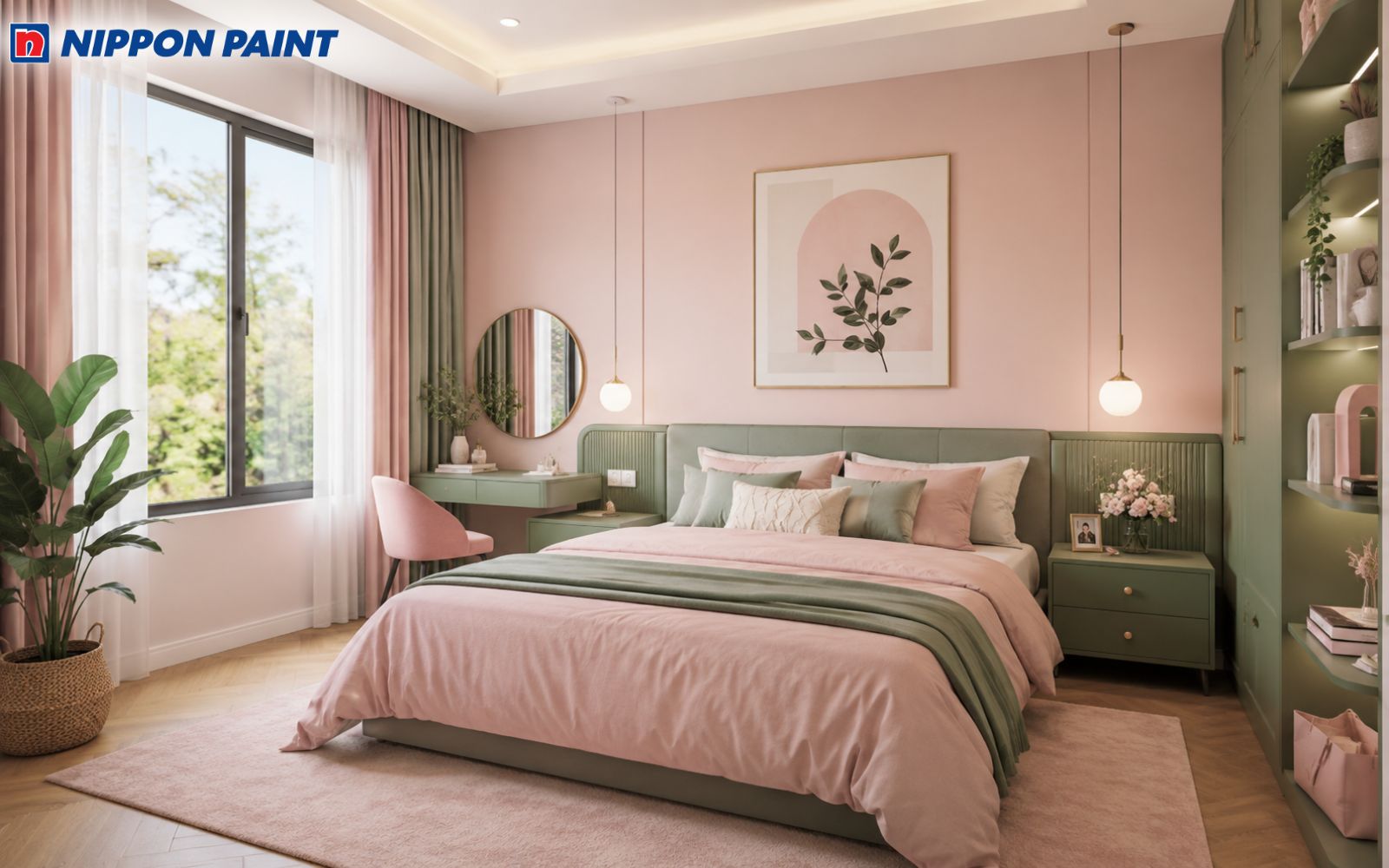 Phòng ngủ phối màu hồng phấn và xanh sage nhẹ nhàng